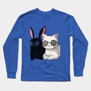 Cool Duo: White Cat and Black Rabbit in Harmony Long Sleeve T-Shirt